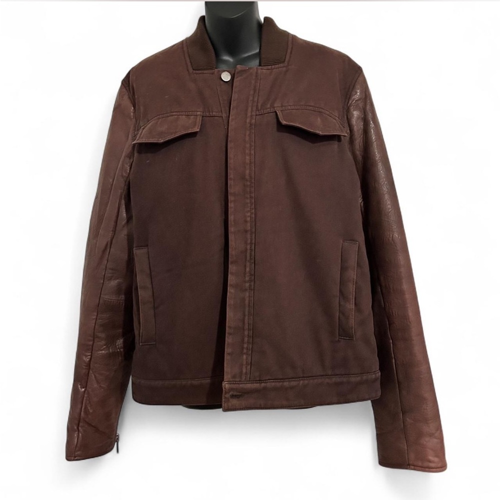 T by Alexander Wang Brown Denim Bomber Jacket with Leather Sleeves